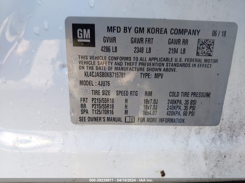 VIN KL4CJASB0KB715781 2019 BUICK ENCORE FWD PREFERRED