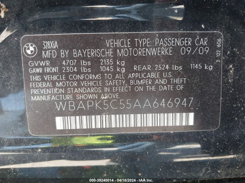2010 BMW 328I xDrive VIN: WBAPK5C55AA646947 Lot: 39240014