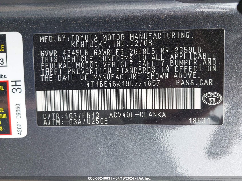 2009 Toyota Camry Le VIN: 4T1BE46K19U274657 Lot: 39240031