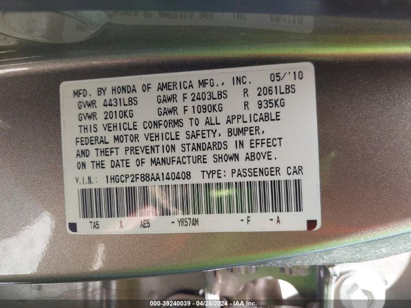 2010 Honda Accord 2.4 Ex-L VIN: 1HGCP2F88AA140408 Lot: 39240039