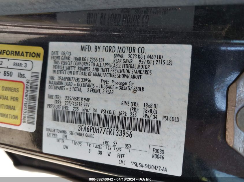 3FA6P0H77ER133956 | 2014 FORD FUSION