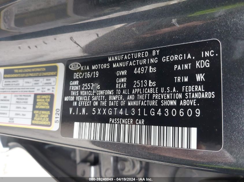 5XXGT4L31LG430609 | 2020 KIA OPTIMA