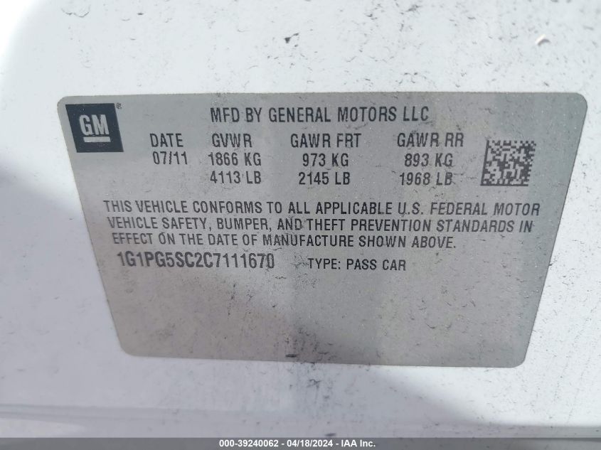 2012 Chevrolet Cruze 2Lt VIN: 1G1PG5SC2C7111670 Lot: 39240062