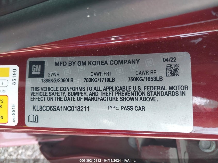 VIN KL8CD6SA1NC018211 2022 CHEVROLET SPARK FWD 1LT AUTOMATIC