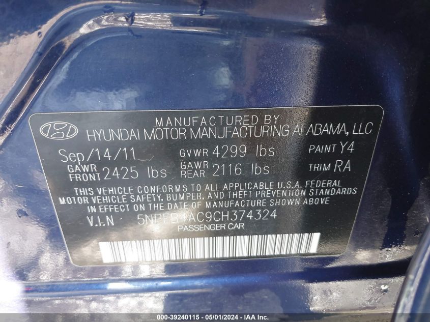 2012 Hyundai Sonata Gls VIN: 5NPEB4AC9CH374324 Lot: 39240115