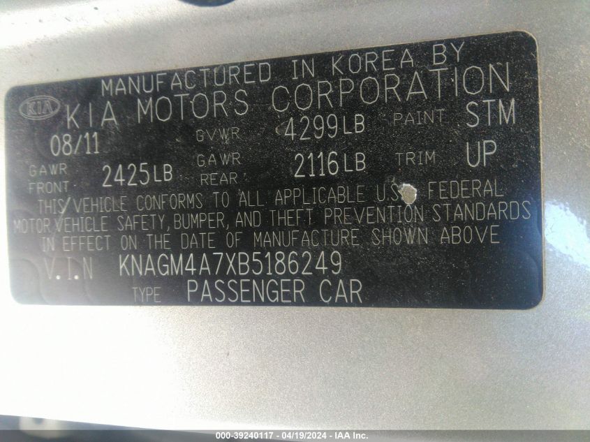 2011 Kia Optima Lx VIN: KNAGM4A7XB5186249 Lot: 39240117