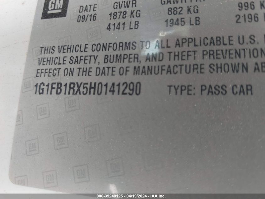 2017 Chevrolet Camaro 1Lt VIN: 1G1FB1RX5H0141290 Lot: 39240125