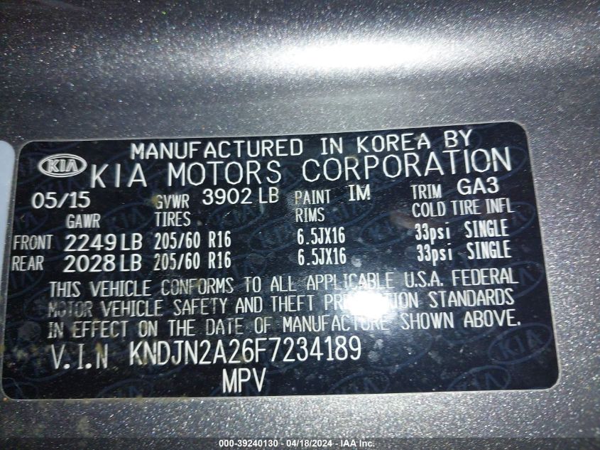 KNDJN2A26F7234189 | 2015 KIA SOUL