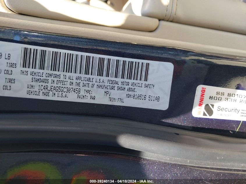 2016 Jeep Grand Cherokee Laredo VIN: 1C4RJEAG5GC307458 Lot: 39240134