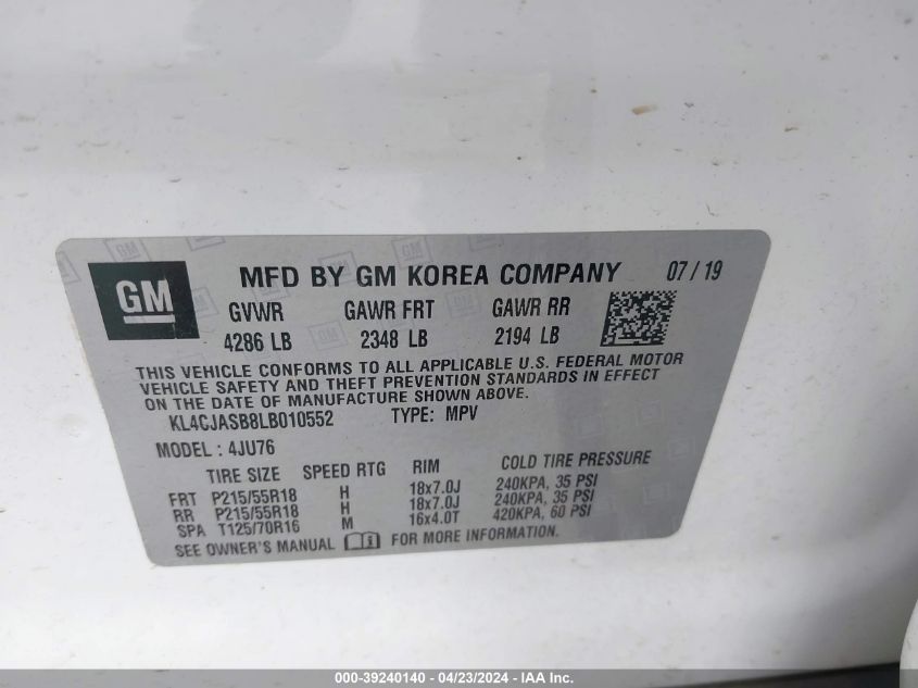 2020 Buick Encore Fwd Preferred VIN: KL4CJASB8LB010552 Lot: 39240140