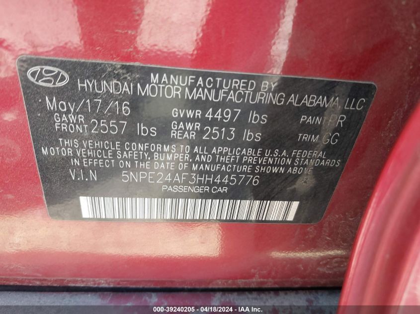 2017 Hyundai Sonata Se VIN: 5NPE24AF3HH445776 Lot: 39240205