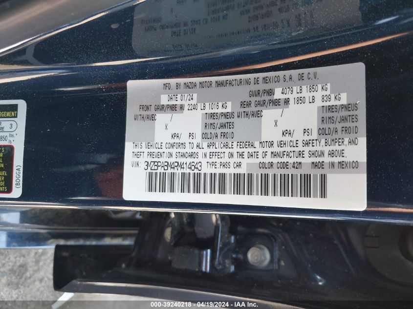 2024 Mazda Mazda3 2.5 S Select Sport VIN: 3MZBPABM4RM414643 Lot: 39240218