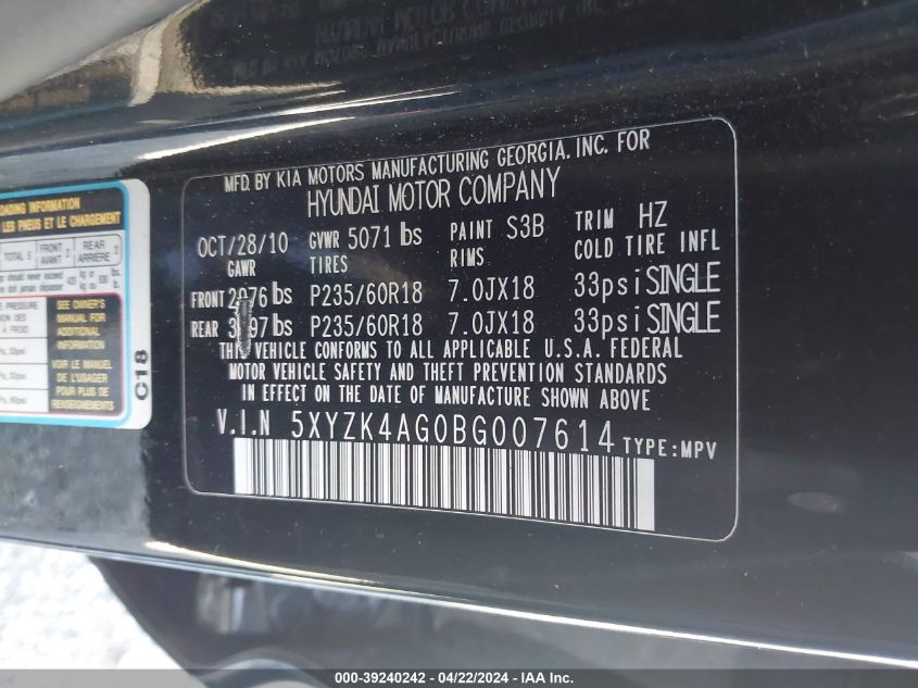 2011 Hyundai Santa Fe Limited V6 VIN: 5XYZK4AG0BG007614 Lot: 39240242