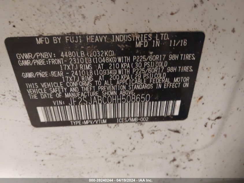 2017 Subaru Forester 2.5I VIN: JF2SJABC0HH508650 Lot: 39240244