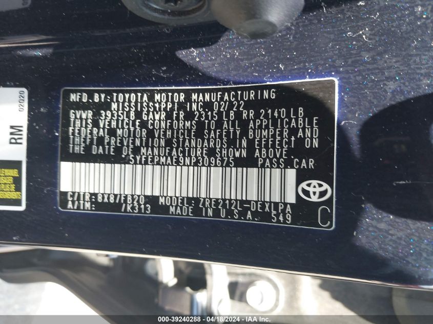 5YFEPMAE9NP309675 | 2022 TOYOTA COROLLA