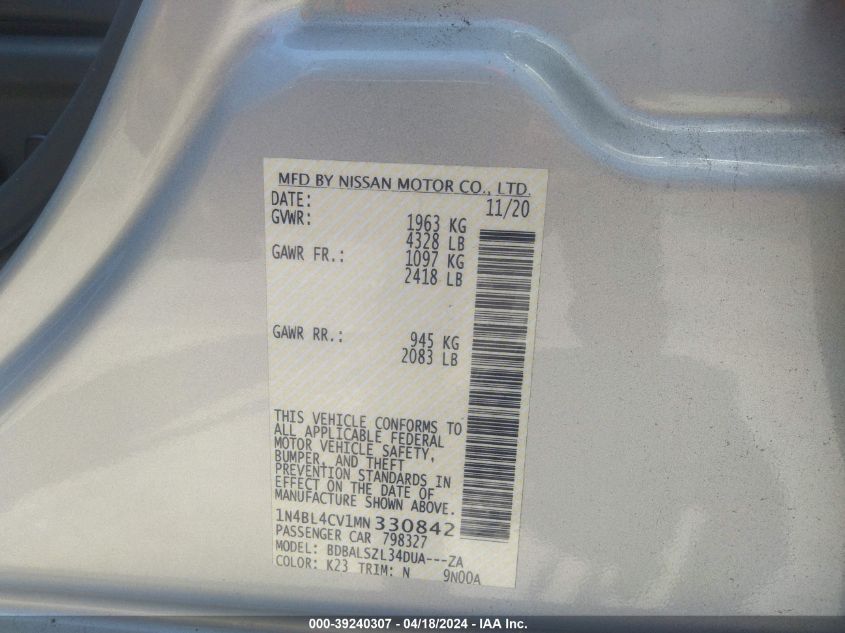 2021 Nissan Altima Sr Fwd VIN: 1N4BL4CV1MN330842 Lot: 39240307