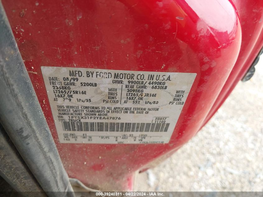 2000 Ford F-350 Lariat/Xl/Xlt VIN: 1FTSX31F2YEA47876 Lot: 39240311