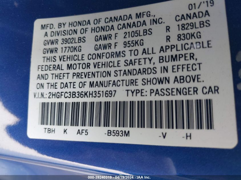 2019 Honda Civic Ex VIN: 2HGFC3B36KH351697 Lot: 39240319