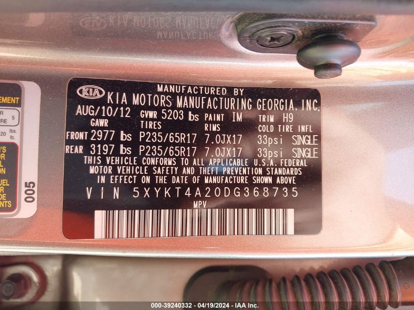 2013 Kia Sorento Lx V6 VIN: 5XYKT4A20DG368735 Lot: 39240332