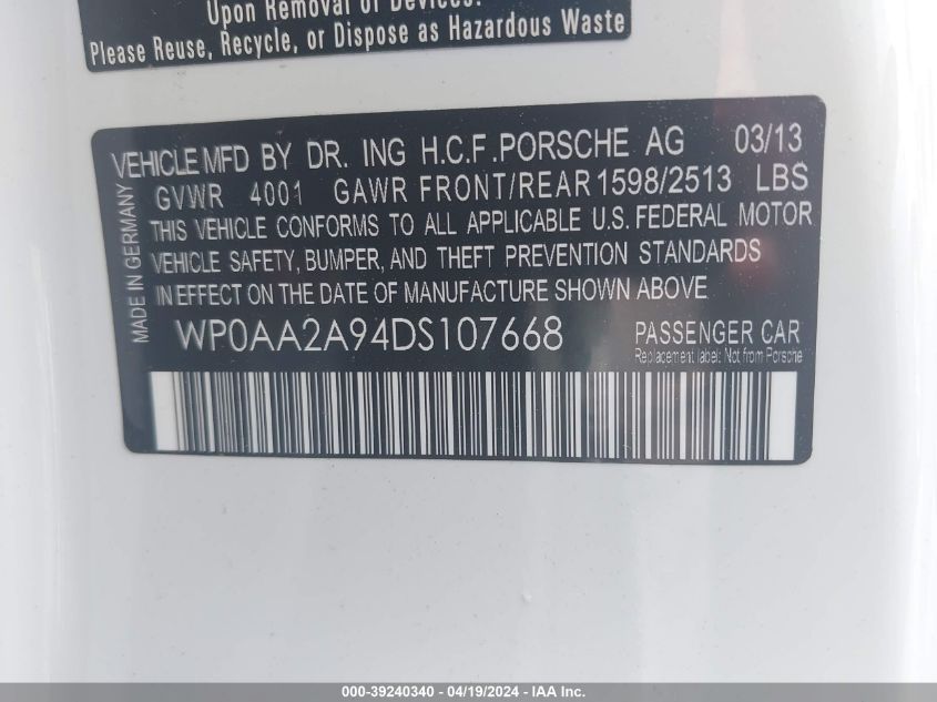 2013 Porsche 911 Carrera VIN: WP0AA2A94DS107668 Lot: 39240340