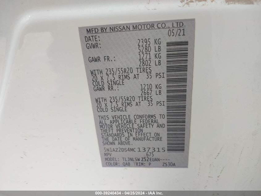 VIN 5N1AZ2DS4MC137315 2021 NISSAN MURANO PLATINUM INTELLIGENT AWD