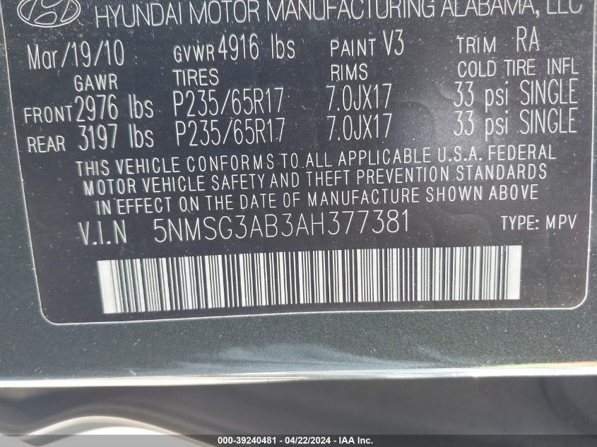 2010 Hyundai Santa Fe Gls VIN: 5NMSG3AB3AH377381 Lot: 39240481