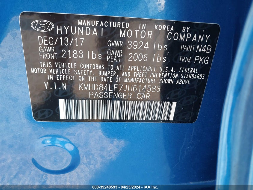 VIN KMHD84LF7JU614583 2018 HYUNDAI ELANTRA SEL