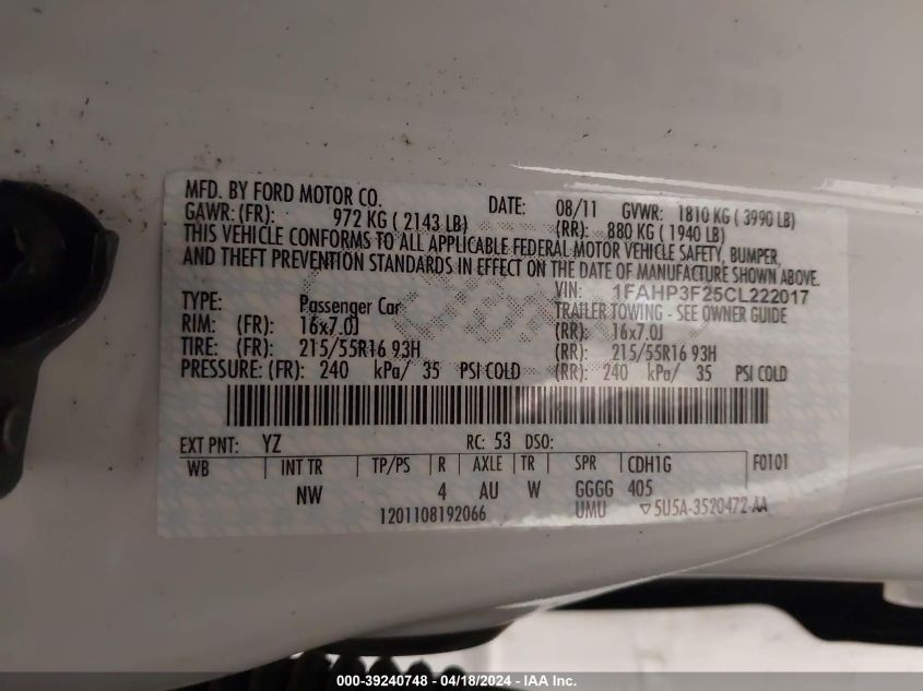 2012 Ford Focus Se VIN: 1FAHP3F25CL222017 Lot: 39240748