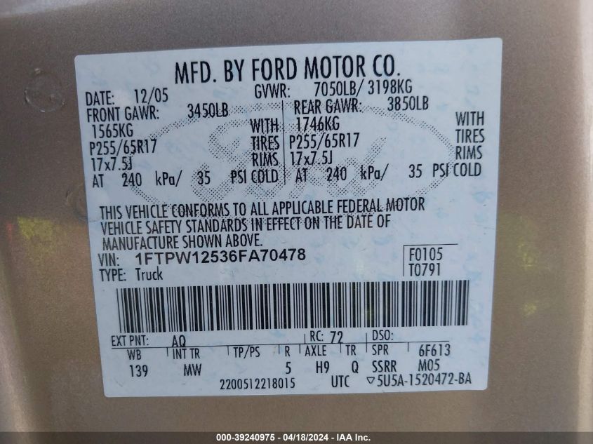 2006 Ford F-150 Lariat/Xlt VIN: 1FTPW12536FA70478 Lot: 39240975