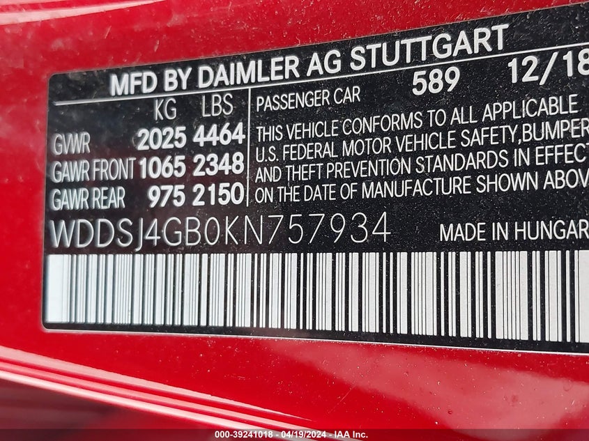 2019 MERCEDES-BENZ CLA 250 VIN: WDDSJ4GB0KN757934