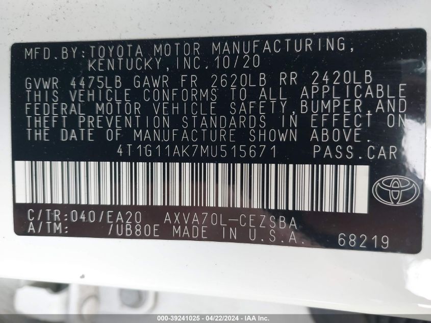 2021 Toyota Camry Se VIN: 4T1G11AK7MU515671 Lot: 39241025