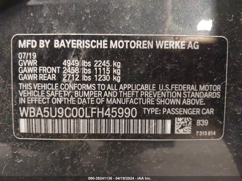 VIN WBA5U9C00LFH45990 2020 BMW 3 SERIES M340I XDRIVE