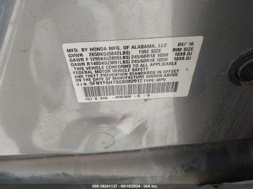 2016 Honda Pilot Ex-L VIN: 5FNYF6H79GB082912 Lot: 39241137