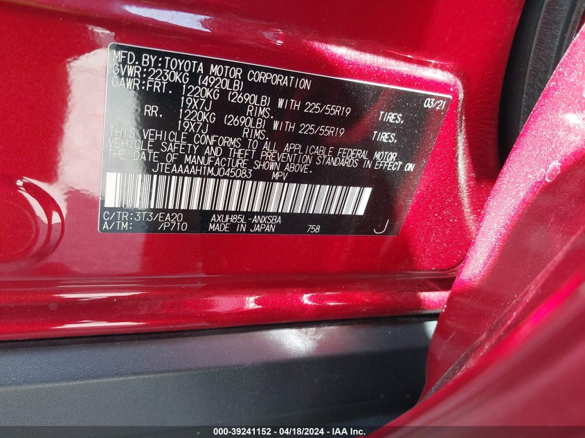 VIN: JTEAAAAH1MJ045083 2021 TOYOTA VENZA LIMITED