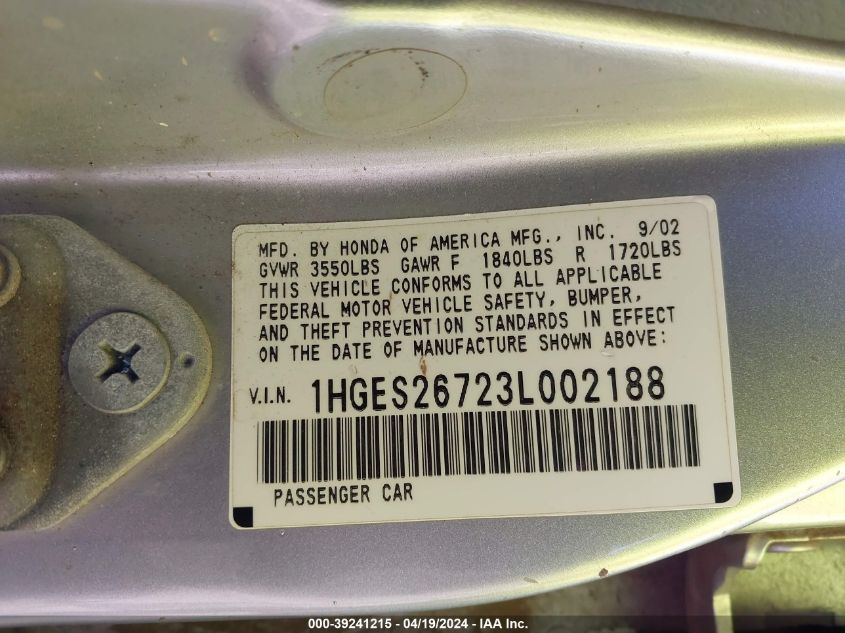 2003 Honda Civic Ex VIN: 1HGES26723L002188 Lot: 39241215