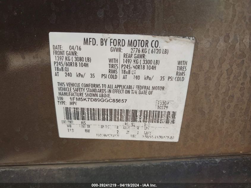 2016 Ford Explorer Xlt VIN: 1FM5K7D89GGC85657 Lot: 39241219