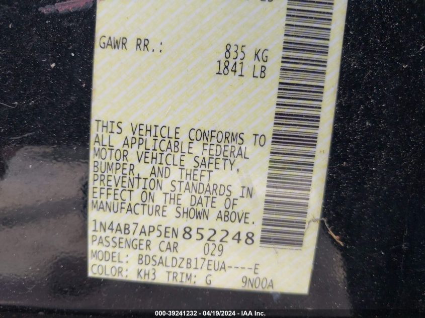 2014 Nissan Sentra Fe+ S/Fe+ Sv/S/Sl/Sr/Sv VIN: 1N4AB7AP5EN852248 Lot: 39241232