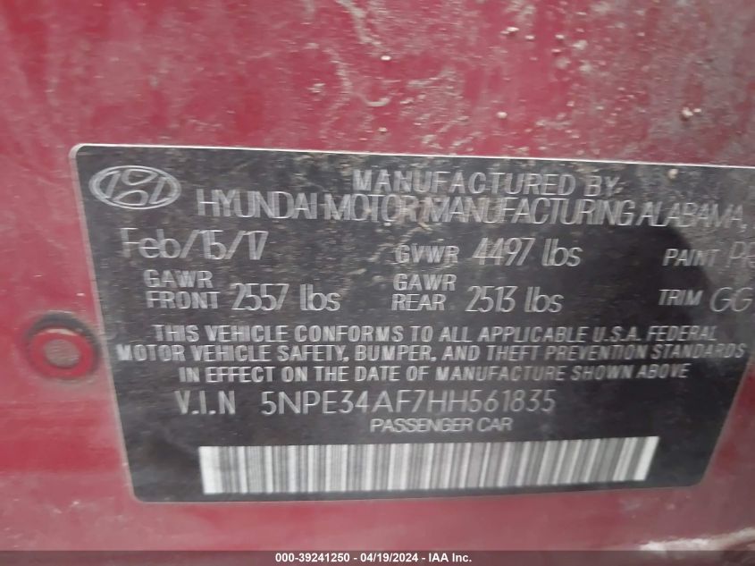 2017 Hyundai Sonata Sport VIN: 5NPE34AF7HH561835 Lot: 39241250