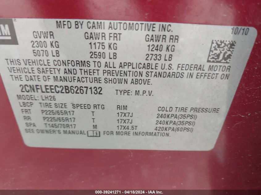 2011 Chevrolet Equinox 1Lt VIN: 2CNFLEEC2B6267132 Lot: 39241271