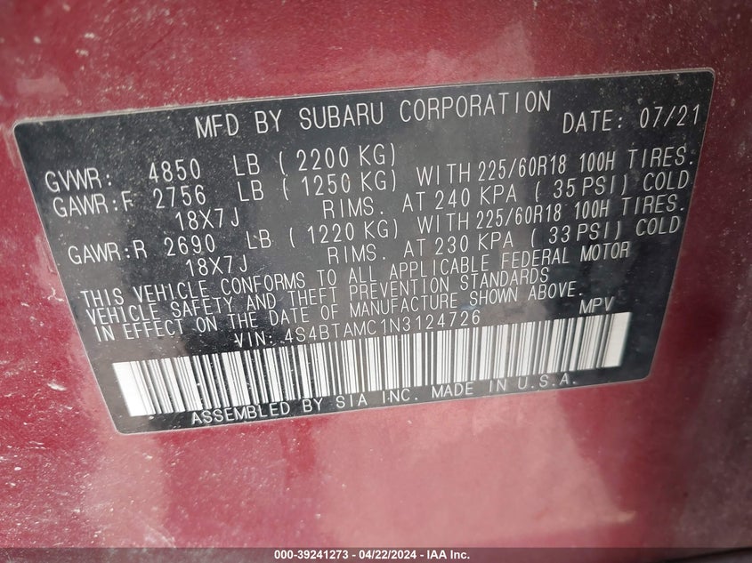 VIN 4S4BTAMC1N3124726 2022 SUBARU OUTBACK LIMITED