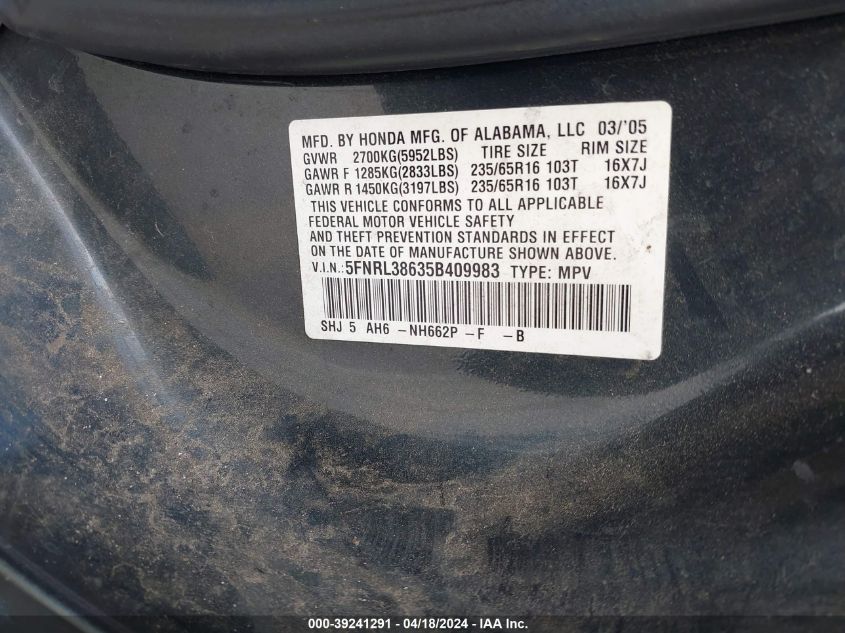 2005 Honda Odyssey Ex-L VIN: 5FNRL38635B409983 Lot: 39241291