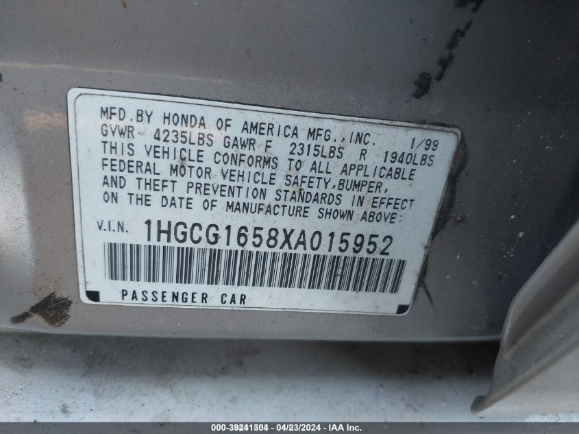 1999 Honda Accord Ex V6 VIN: 1HGCG1658XA015952 Lot: 39241304