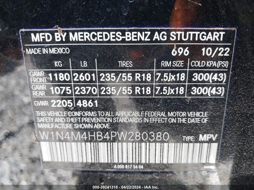 2023 Mercedes-Benz Glb 250 4Matic VIN: W1N4M4HB4PW280380 Lot: 39241318