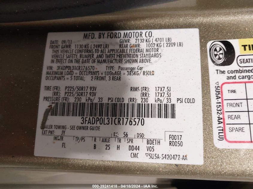 2012 Ford Fusion Hybrid VIN: 3FADP0L31CR176570 Lot: 39241418