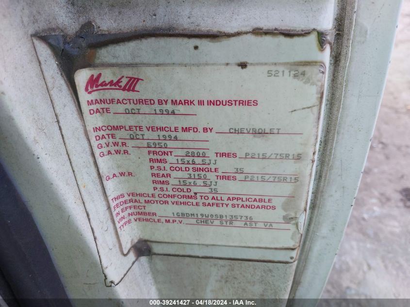 1995 Chevrolet Astro VIN: 1GBDM19W0SB135736 Lot: 39241427