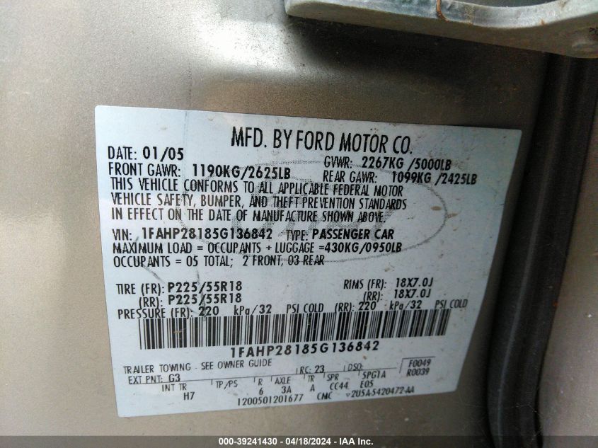 2005 Ford Five Hundred Limited VIN: 1FAHP28185G136842 Lot: 39241430