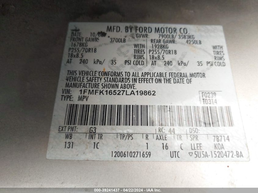 2007 Ford Expedition El Xlt VIN: 1FMFK16527LA19862 Lot: 39533505