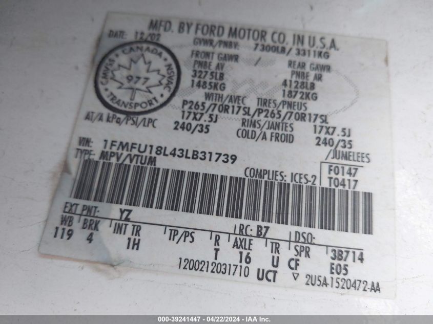 2003 Ford Expedition Eddie Bauer VIN: 1FMFU18L43LB31739 Lot: 39241447