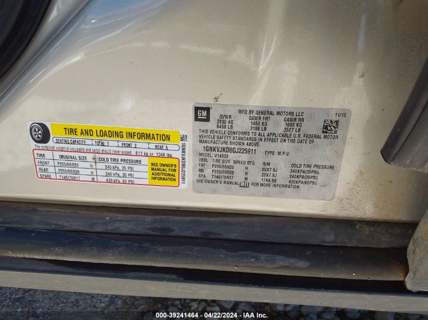 2016 Chevrolet Traverse Ltz VIN: 1GNKVJKD8GJ225911 Lot: 47640294
