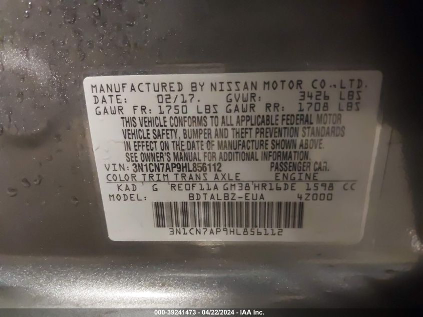 2017 Nissan Versa 1.6 Sv VIN: 3N1CN7AP9HL856112 Lot: 39241473